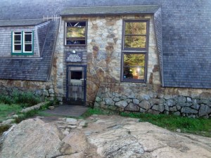 The entrance to Mizpah Spring hut at dusk
