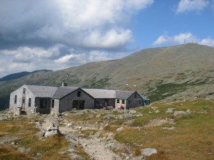 Our view of the hut as we approached it. We never saw Mt. Washington behind it. Too many clouds