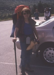 Fresh and ready to roll, Megs holds on to her walking stick which will come in handy later on