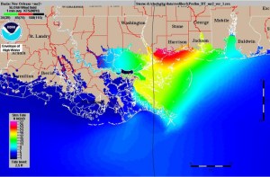 Storm surge map shows greatest surge in Waveland area but surge extended along the coast