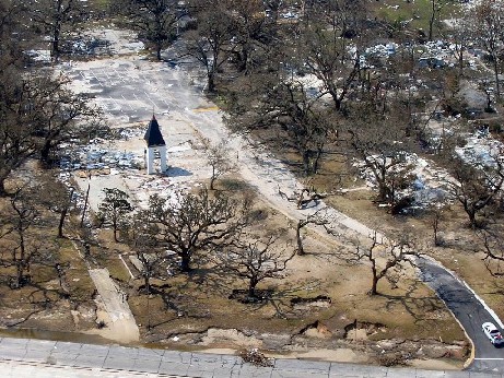 Christ Episcopal Church on a small bluff at the edge of the Gulf, surrounded by slabs and leafless live oaks. Photo by Duke University