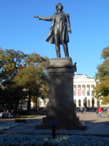 Pushkin the poet hailing a cab outside of the Russian Museum