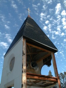 Empty belfry, all that's left of Christ Church, overlooks the gulf