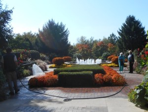 Courtyard with mix of perennials, annuals and tropicals anchored by evergreen hedges